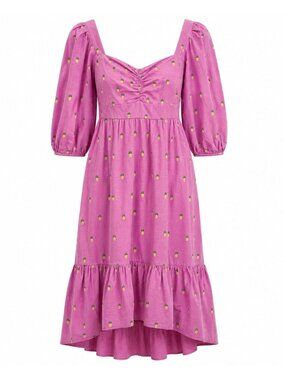 NWT Farm Rio Pineapple Puff Sleeve Linen Midi Dress Pink XS MSRP $285